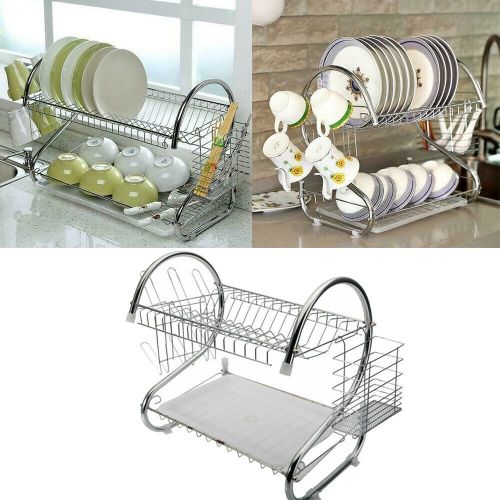 2 Tier Dish Drying Rack Drainer Stainless Steel Kitchen Cutlery Holder Shelf 2 Tier Dish Drying Rack Drainer Stainless Steel Kitchen Cutlery Holder Shelf